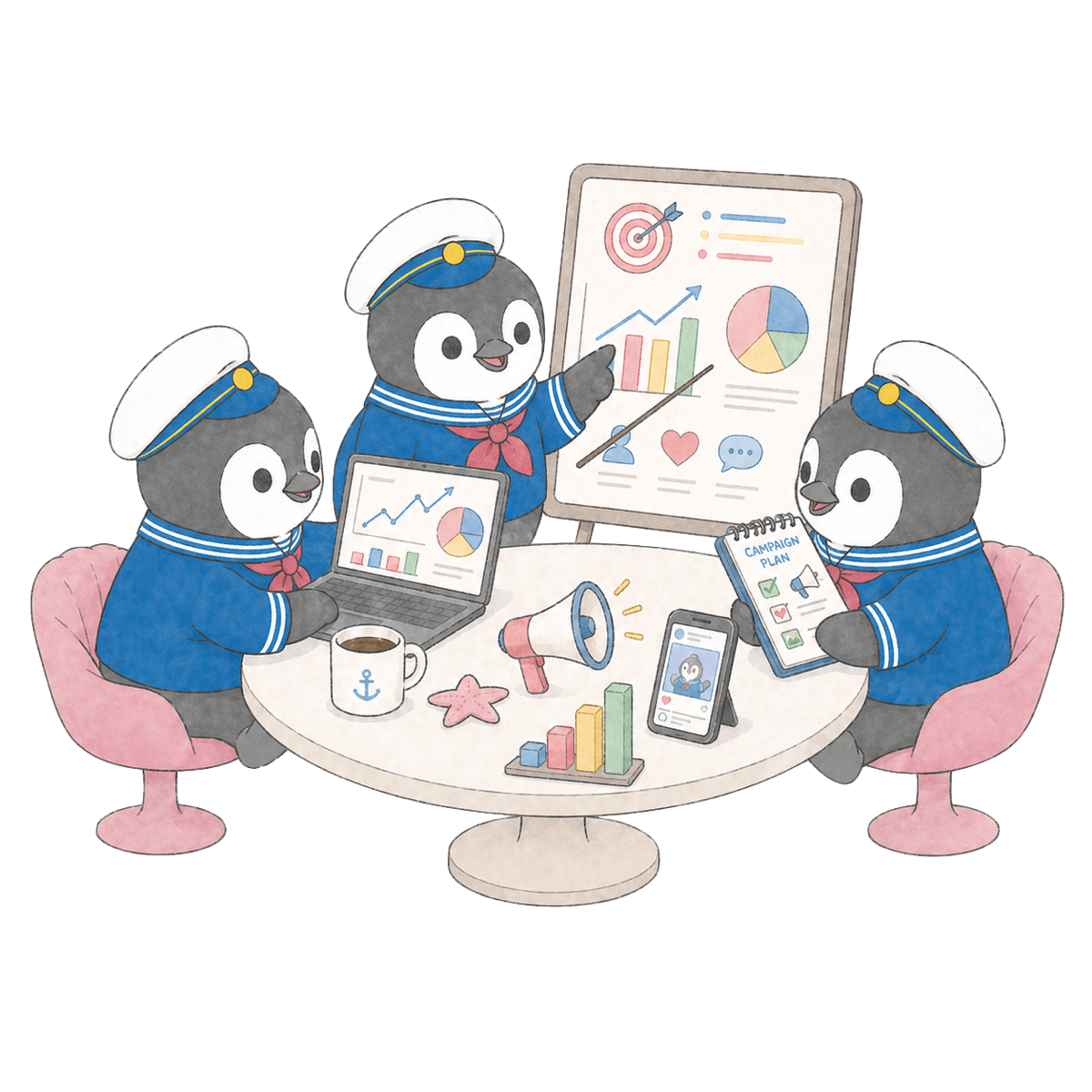 3 人のペンギンが画面を見ながら議論しているイラスト