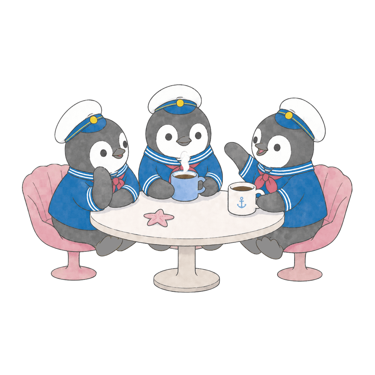 セーラー服のペンギン3人組がコーヒーを囲んでいる様子