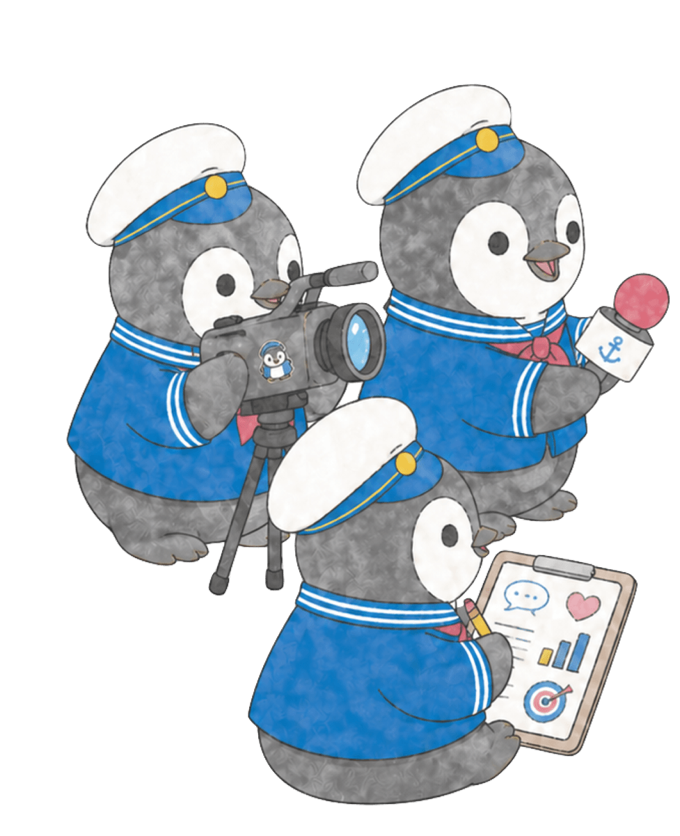 セーラー服のペンギンたちが取材しているイラスト