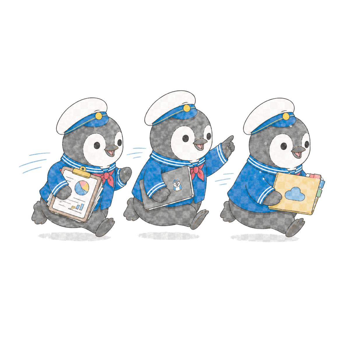 3 人のペンギンが資料を持って走るイラスト